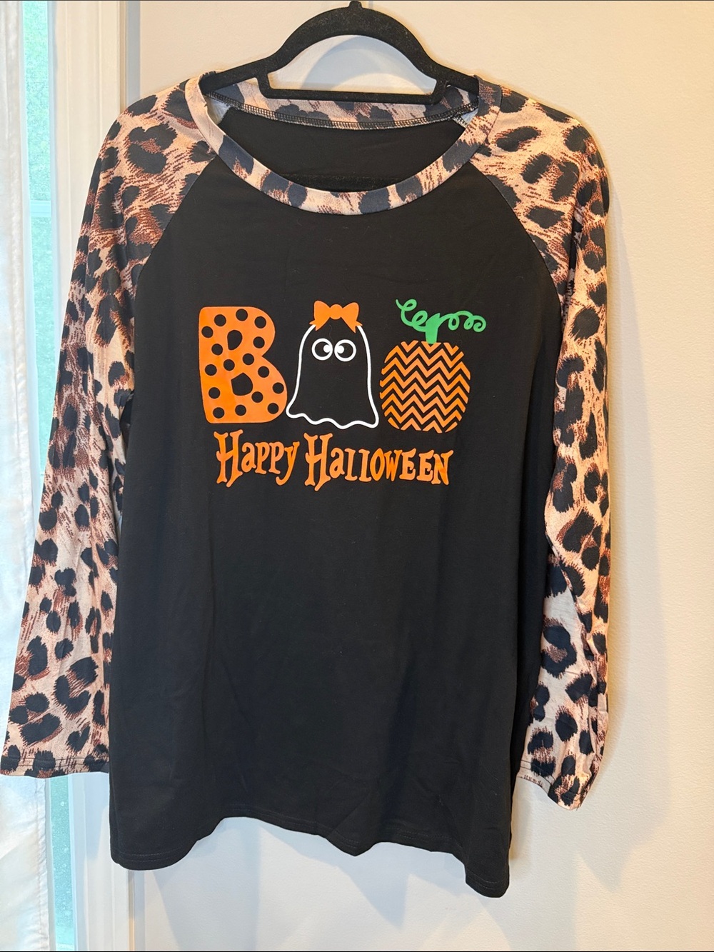 Happy Halloween Black Reagan Top with Leopard Sleeves NWOT